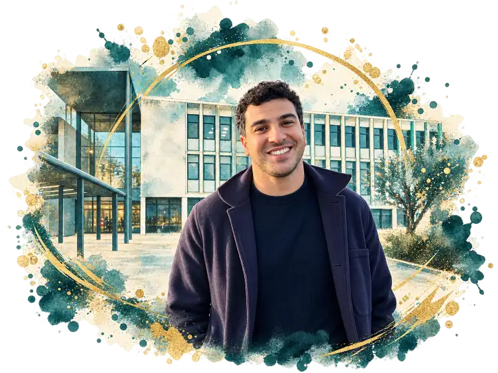 Adam Gemili smiling outside a campus building in teal and gold watercolor styling