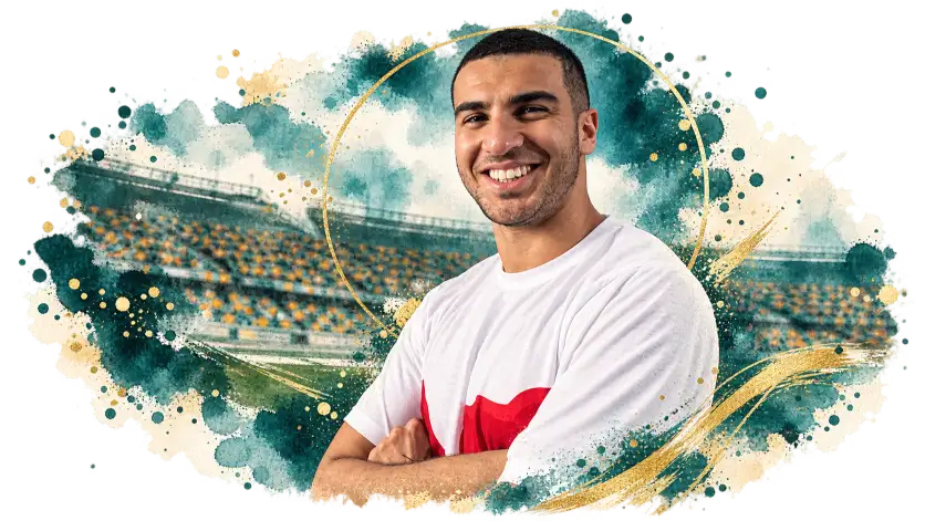 Adam Gemili smiling with folded arms at a stadium in teal and gold watercolor styling