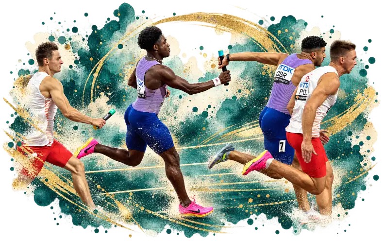 Adam Gemili and relay athletes during a baton exchange in teal and gold watercolor styling