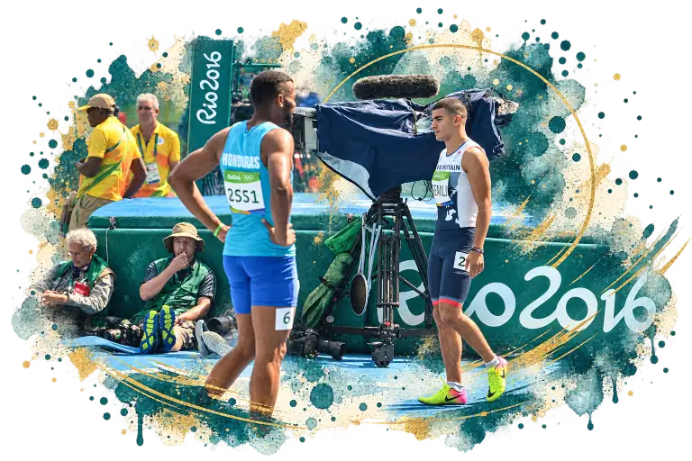 Adam Gemili trackside at Rio 2016 beside broadcast equipment in teal and gold watercolor styling