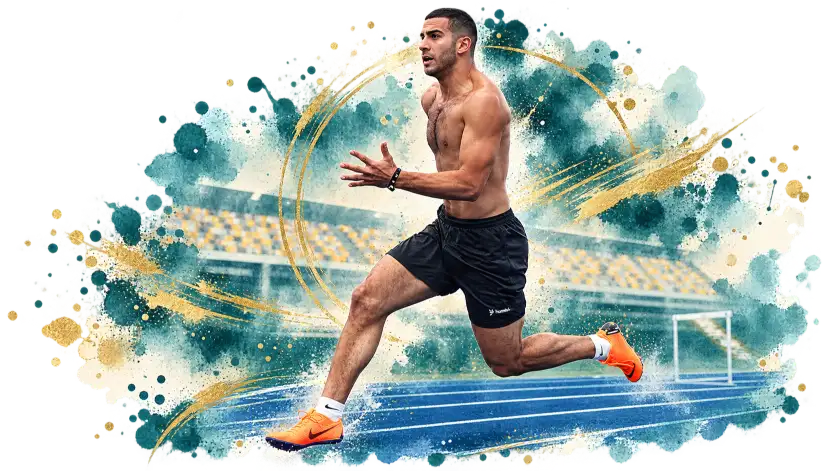 Adam Gemili sprint training on track in teal and gold watercolor styling