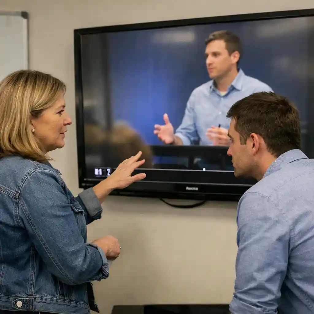 Coach helping professionals improve authentic communication during a meeting