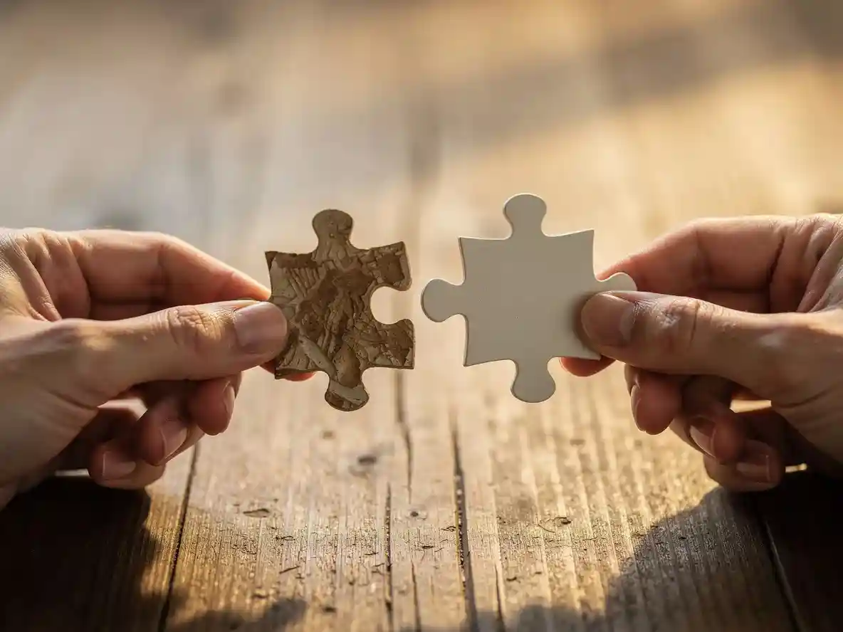 Hands connecting puzzle pieces to represent research partnership and collaboration