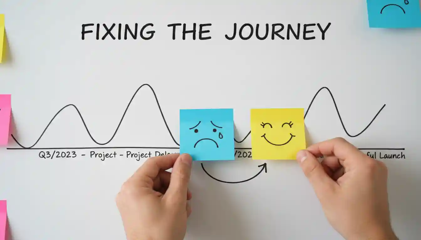 Customer journey improvement visual showing a change from frustration to a positive experience