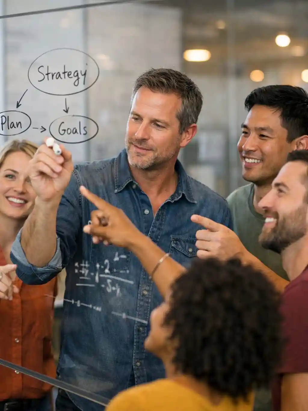 Team collaborating around a glass board to solve a customer service problem