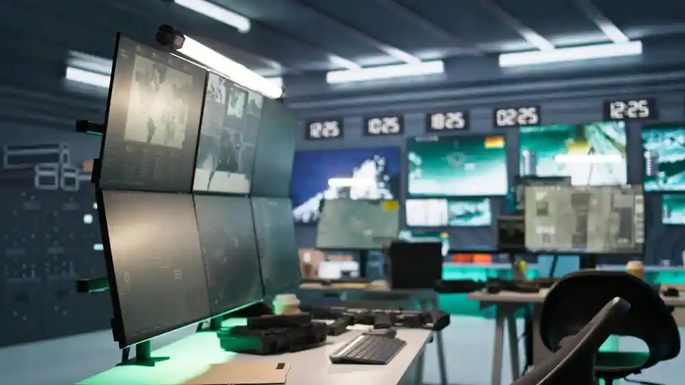 Broadcast control room with multiple screens for live streaming production