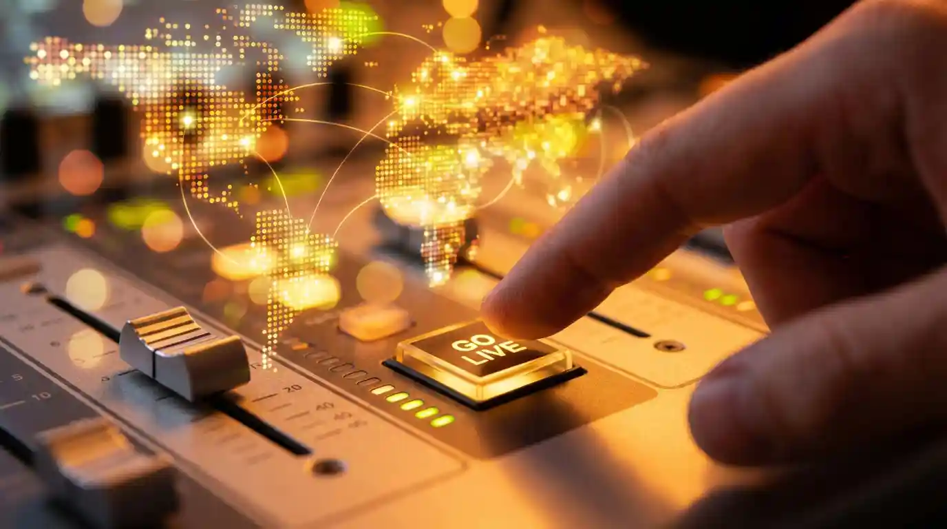 Go live broadcast control representing global live streaming delivery