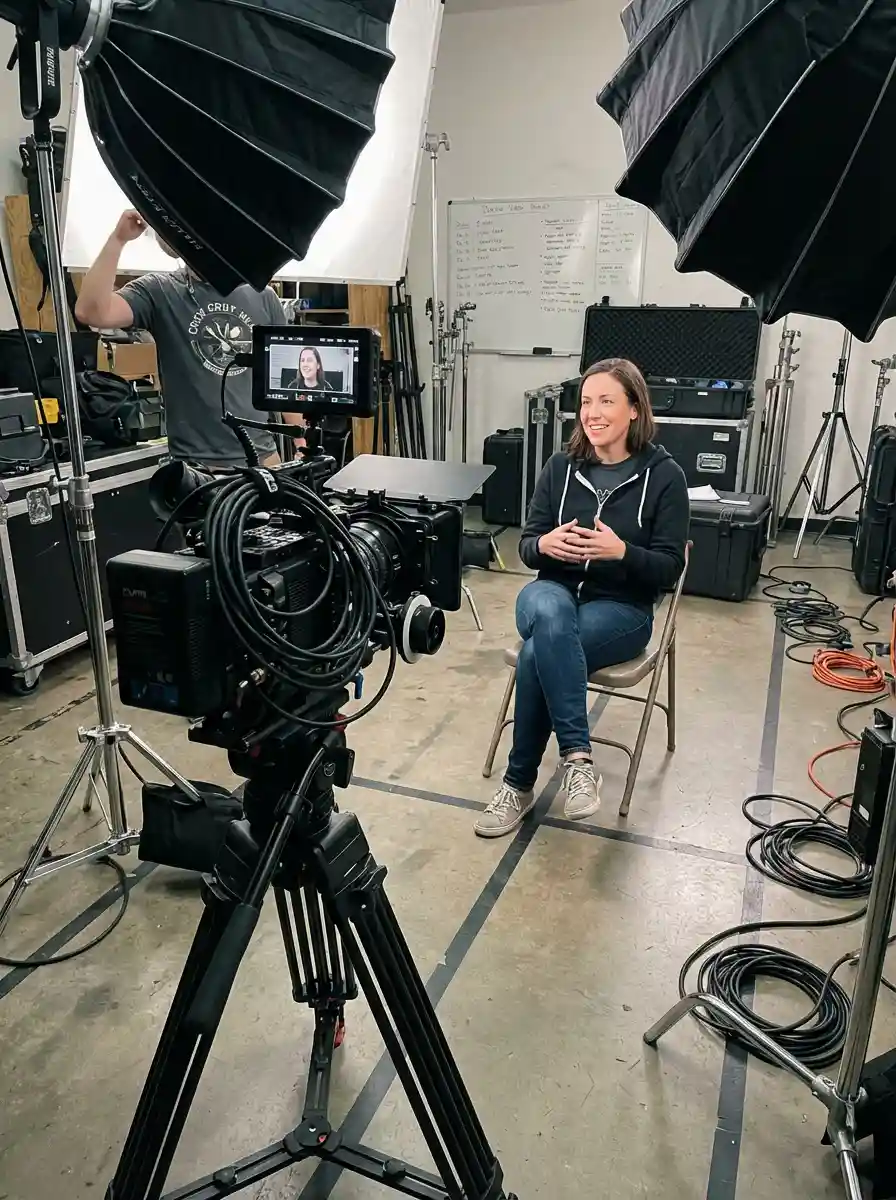 Leader speaking confidently on camera in a professional media training setup